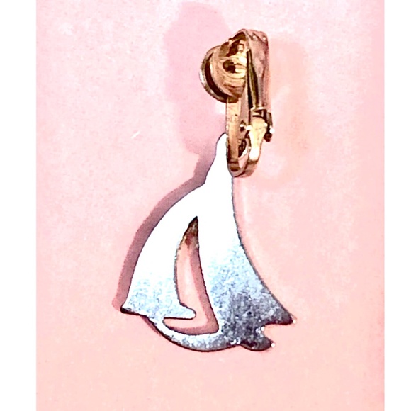 VTG 70s Blue Paua Abalone Shell Inlay Stylized Sailboats Dangle Clip On Earrings - Picture 4 of 7